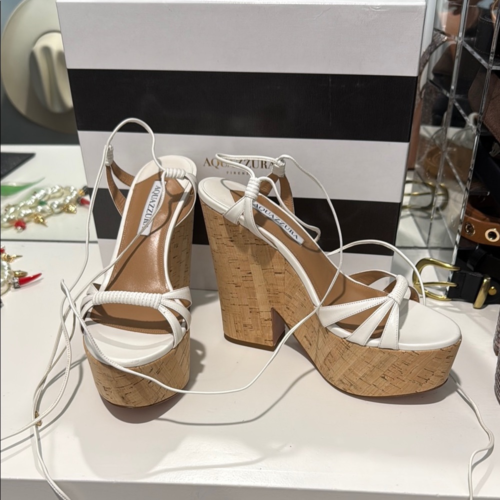 Aquazzura White and Tan Platform Sole Wedge 130